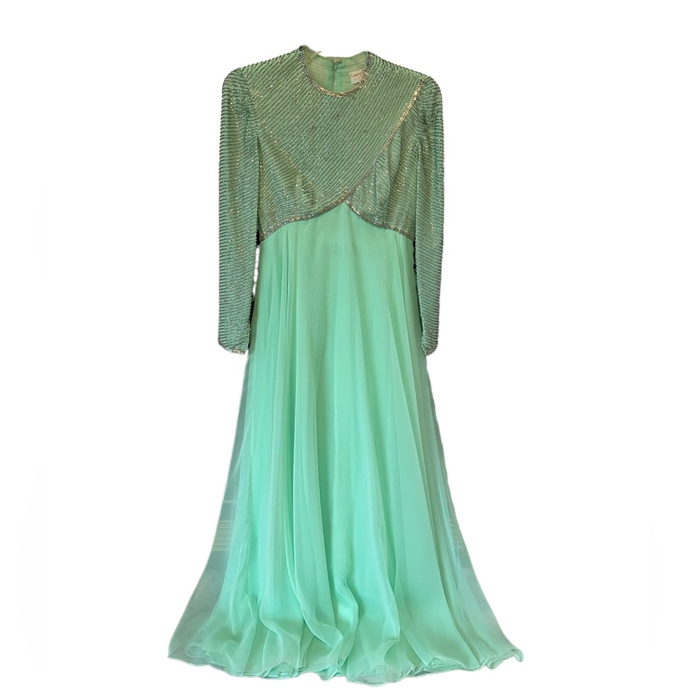 VTG Victoria Royal Ltd Gown Sz 6 Seafoam Green Beaded Rhinestones FORMAL 1960s